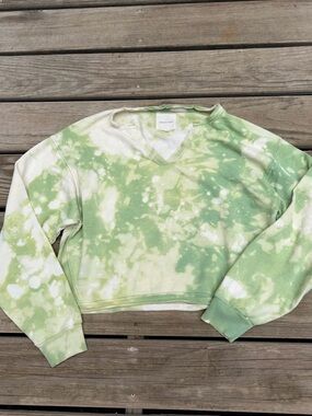 American Eagle Outfitters Light Green & White Tie-Dye V-Neck Sweatshirt